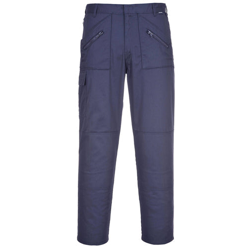Navy blue pants with zippers on a white background