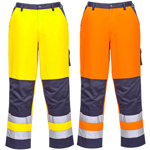 Two pairs of high-visibility work pants, one yellow and one orange, with reflective stripes on a white background.