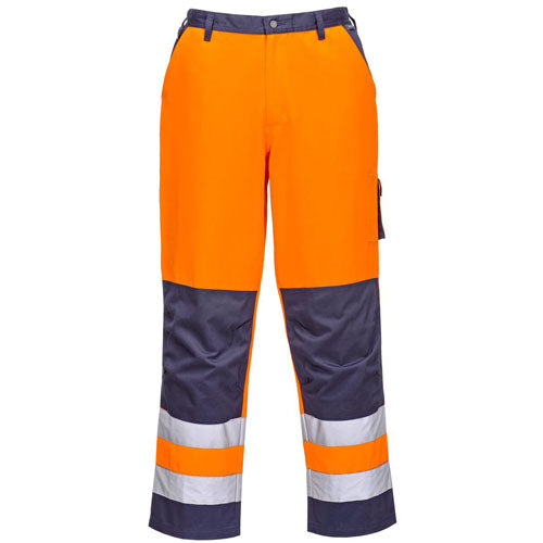 Orange and navy high-visibility work pants on a white background