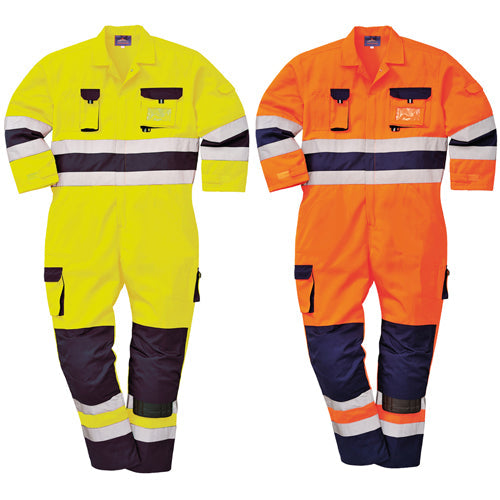 Two safety coveralls, one yellow and one orange, with reflective stripes on a white background.