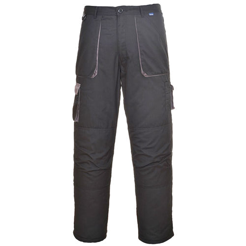 Black cargo pants with multiple pockets on a white background