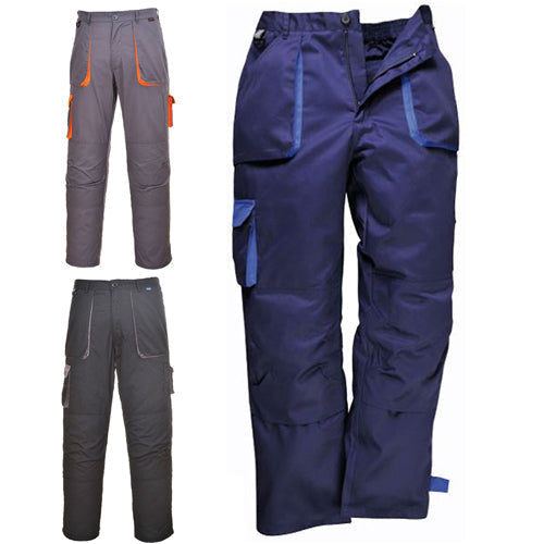 Three pairs of work pants in gray, blue, and black on a white background