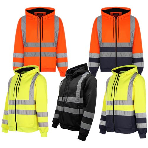 Collection of high-visibility jackets in orange, yellow, and black on a white background