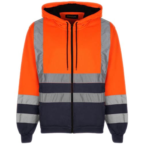 Orange, gray, and navy safety jacket with reflective stripes on a white background