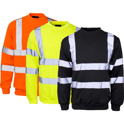 Three high-visibility sweatshirts in orange, yellow, and black on a white background