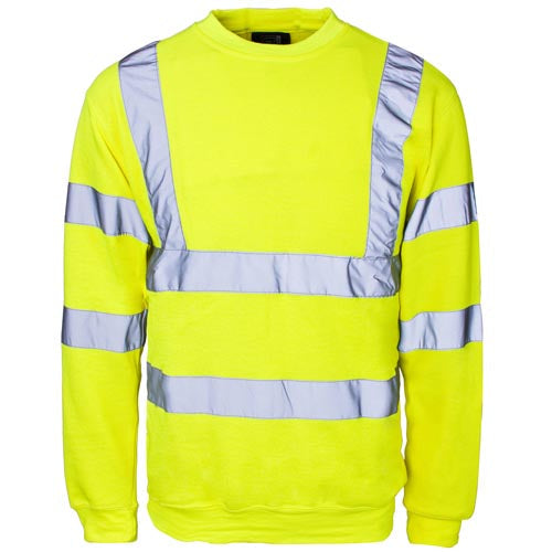 High-visibility yellow sweatshirt with reflective stripes on a white background